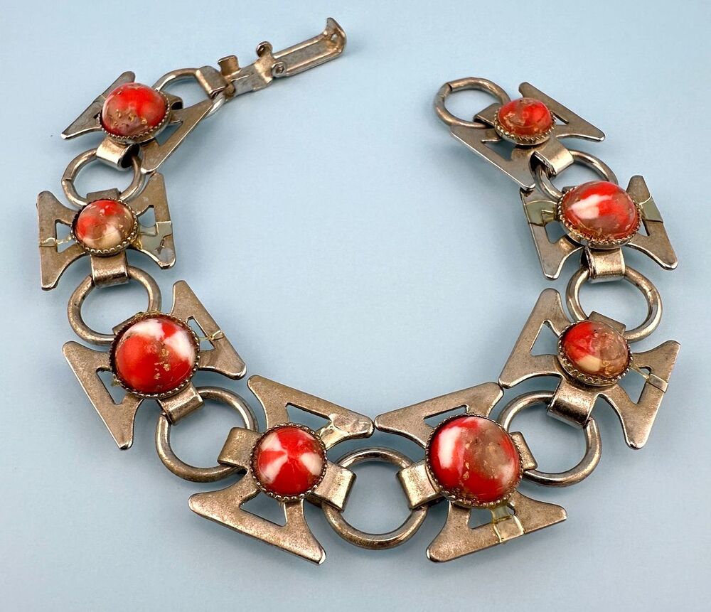 Vintage MCM Bracelet Red White Marbled Glass Brutalist Abstract Link Silver Tone